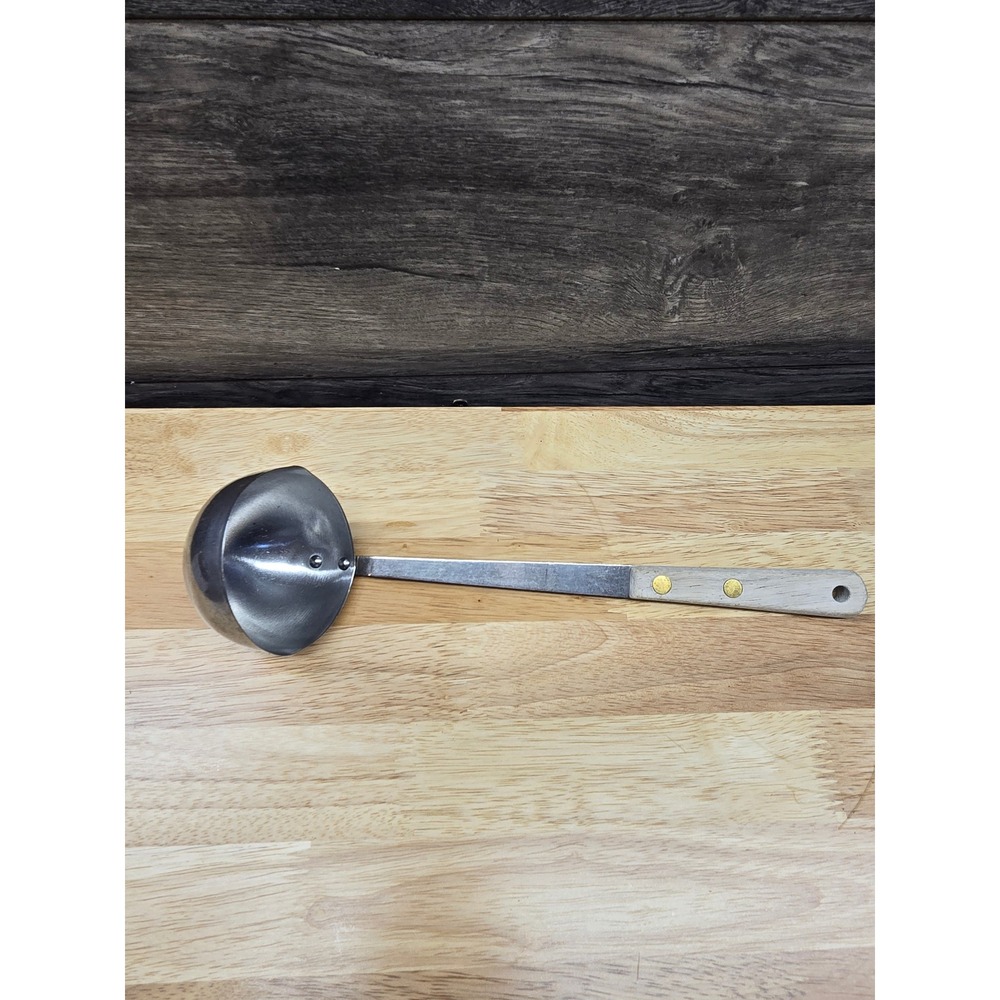Vintage Stainless Steel Soup Ladle with Wood Handle and Pour Spout 12 Inch